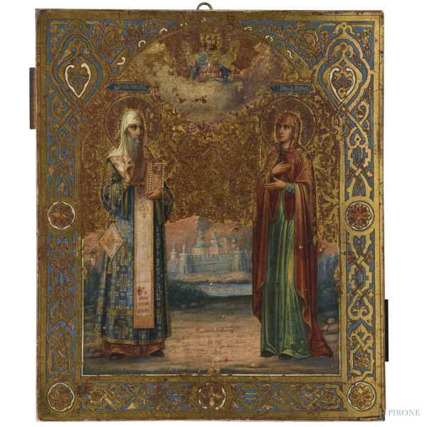 Icona raffigurante Cristo tra due santi, XIXs ecolo, tempera su tavola, cm 32x27,5, (segni di usura, sollevamenti di colore, abrasioni, piccole cadute di colore, difetti)