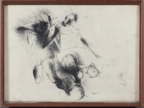 Giacomo Porzano (1925-2005), Senza titolo, inchiostro su carta applicata su tela, cm 39x54,5,  firmato e datato 