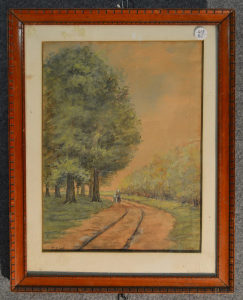 Paesaggio con sentiero e figura, acquarello 24,5x33 cm, entro cornice firmato e datato.