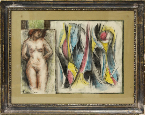 Ettore Piccolo, Nudo di donna, pastello su carta, cm 42 x 55, entro cornice.