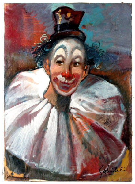 Clown, olio su tela, cm 70x50, firmato G. De Micheli, difetti sulla tela