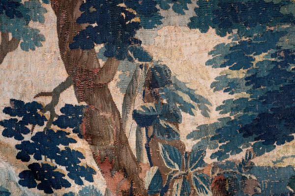 Arazzo rappresentante un paesaggio boschivo, XIX secolo, cm 207x180, (difetti)