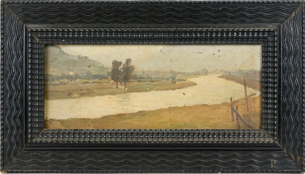 Paesaggio fluviale, olio su tavola, cm 16,5x39, firmato, entro cornice.