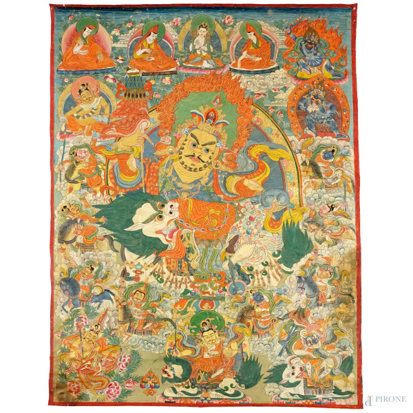 Antico thangka tibetano, dipinto su tela, cm 96x69,5, (lievi difetti).