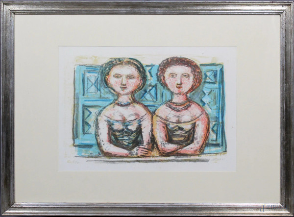 Massimo Campigli - Due figure femminili,litografia a colori 33x46cm, entro cornice.