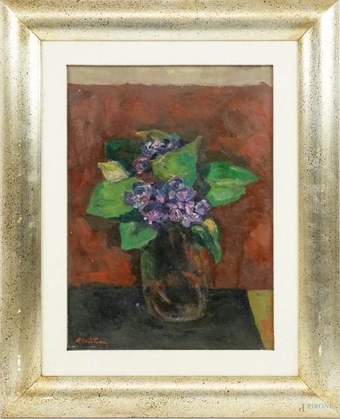 Vaso con fiori, olio su cartone, cm 32,5x23,5, firmato R. Cristina, entro cornice