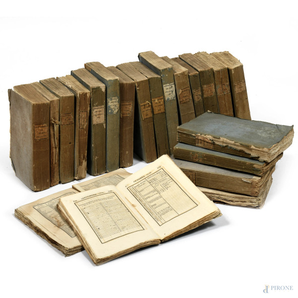 Lotto composto da: Connaissance des Tems ou des Mouvements Celestes a l'Usage des Astronomes et des Navigateurs, XIX secolo, 20 voll e The Nautical Almanac and Astronomical Ephemeris for the year 1816, (difetti, strappi, gravi tracce di umidità, difetti, rotture, piegature, bruniture)
