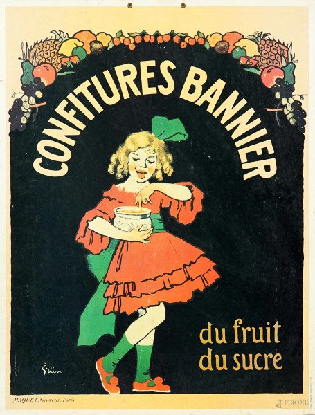 Stampa pubblicitaria su cartone Banniers du fruit du sucre, cm 60x45, (difetti)