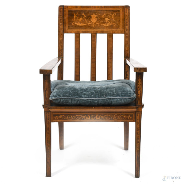Poltrona in legno impiallacciato e intarsiato in varie essenze, XIX-XX secolo, cm 100,5x61x61, (segni di usura, scalfiture, difetti)