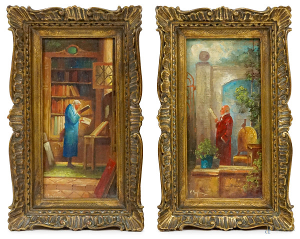Aristocratici in lettura, due dipinti ad olio su cartone telato, cm 24x12, firmati, entro cornici.