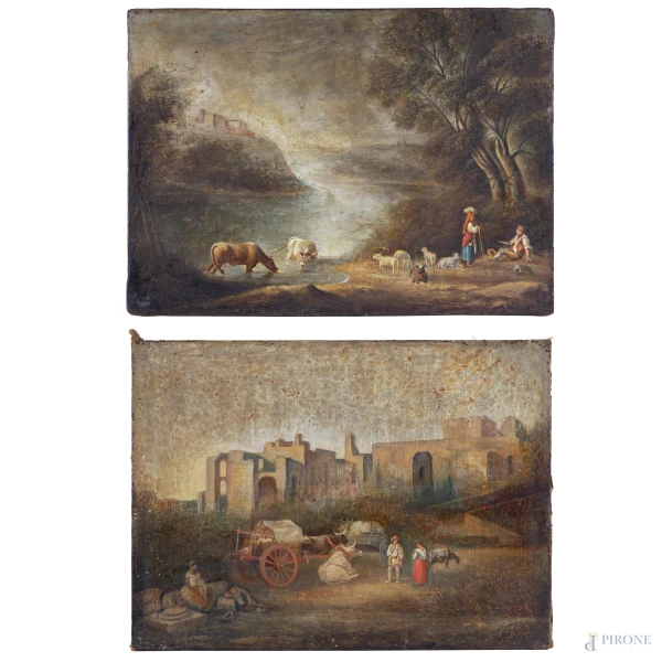 Coppia di paesaggi con figure e armenti, XIX secolo, olio su tela, cm 45,5x62, (craquelure, sollevamenti  [..]