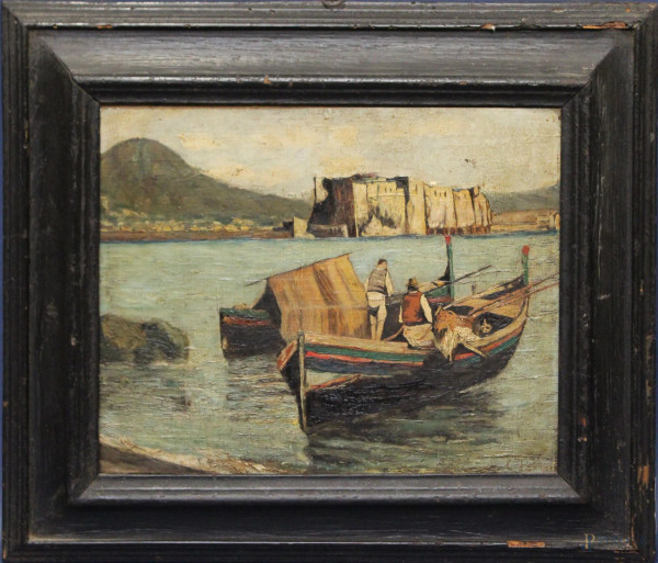 Marina con barche e pescatori, olio su cartoncino 23x28 cm, entro cornice.