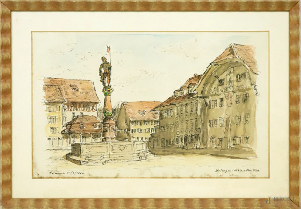 Piazza di Zofingen, tecnica mista su carta, cm 26x41 circa, firmato G.Canova, entro cornice.