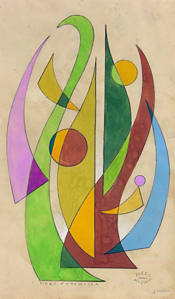 Futurismo italiano, Fiori futuristi, dipinto a tempera su carta, cm 31x18, firmato Alceo Misiani (XX sec.) in basso a destra e titolato in basso a sinistra, entro cornice