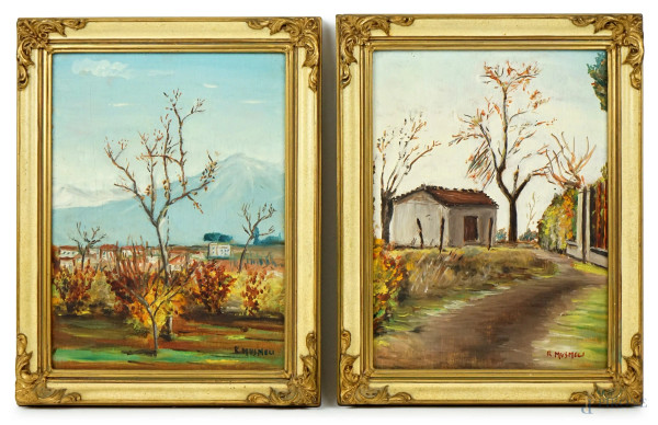 Coppia di paesaggi, olio su tavola, cm 24x18, firmati R.Musmeci, entro cornici.