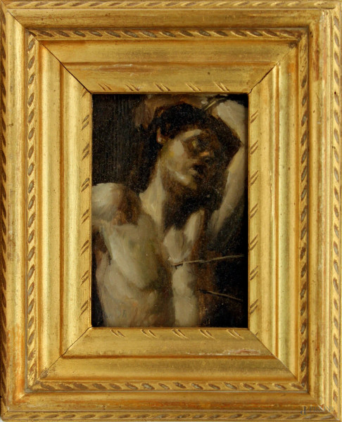 San Sebastiano, olio su tavola, cm 15,5 x 11,5, XIX sec., entro cornice.