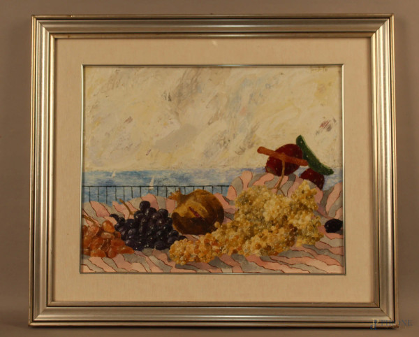 Natura morta, frutta su sfondo paesaggio, olio su tela, cm. 40x52, entro cornice.