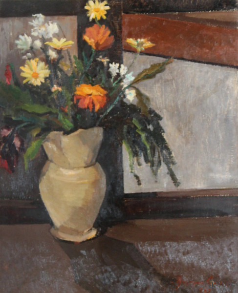 Beppe Guzzi - Vaso con fiori, olio su tela, 56x46 cm, datato 1947,entro cornice