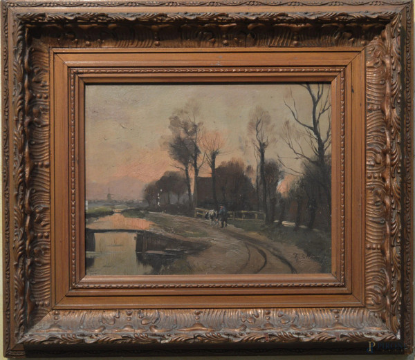 Paesaggio fluviale con figura, olio su tavola 30x23 cm, entro cornice, primi 900.