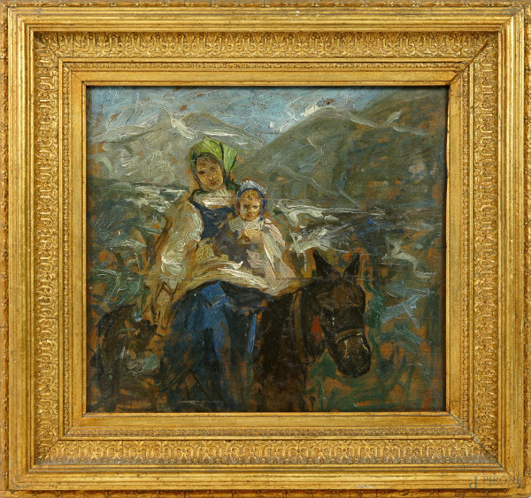 Artista italiano della prima metà del XX secolo, Discesa dalla montagna, olio su tavoletta, cm 26,5x28,4, entro cornice