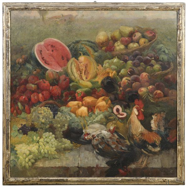 Dante Ricci - Paradiso terrestre, olio su tela, cm 141x141, firmato e iscritto "Roma" in basso a destra, entro cornice, (lievi abrasioni e cadute di colore)