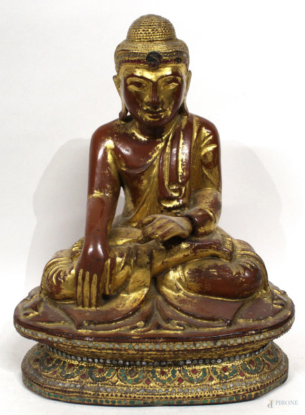 Budda seduto, scultura in legno dorato, arte orientale, H 32 cm, primi &#39;900.