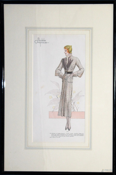 Alta moda "grigio",stampa francese 17x35 cm,periodo Liberty,in cornice
