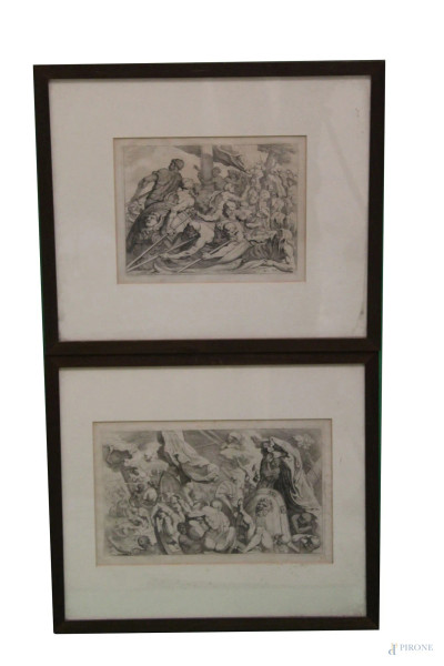Coppia di stampe a soggetti mitologici, 22x35 cm, entro cornice, XIX sec.