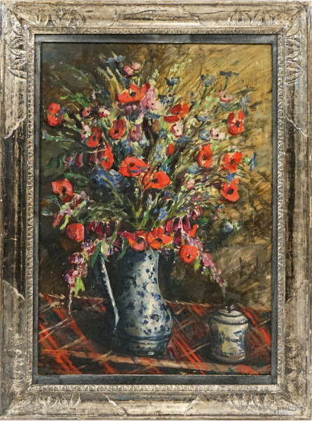 Vaso con fiori, olio su cartone, cm 72x50,5, firmato, entro cornice