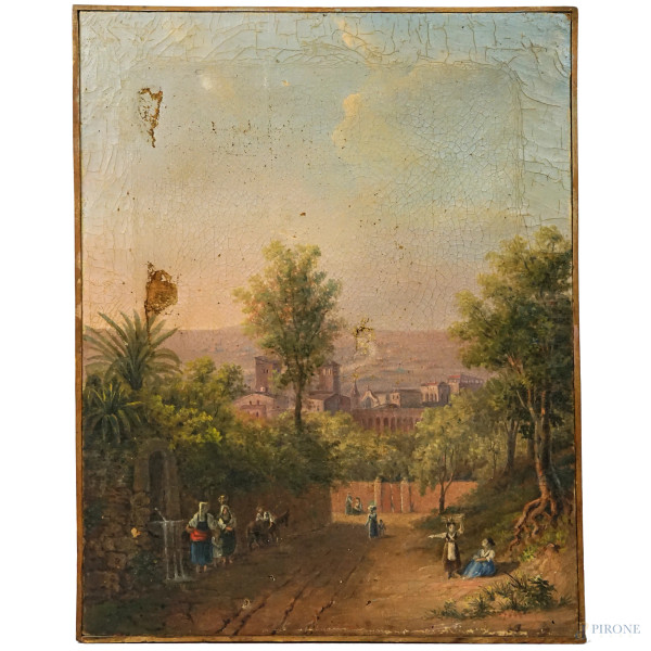 Scorcio di Roma verso l'Aventino, olio su tela, cm 48,5x37,5, XIX secolo, (difetti sulla tela)