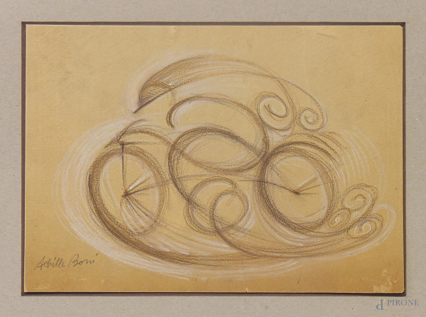 Achille Boni (XX sec.) &#160;Velociclo futurista, tecnica mista su carta, cm 26x18, firmato