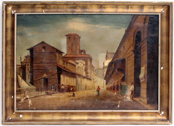 Scorcio di paese con figure, olio su tela cm 48x68, entro cornice.