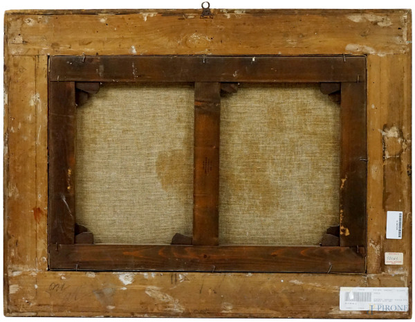 Scuola fiamminga del XVII secolo, Scorcio di porto con figure, olio su tela, cm 44,5x66, entro co...