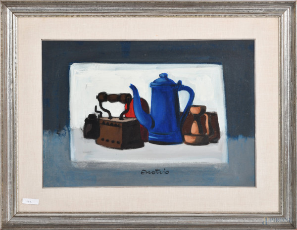 Enotrio Pugliese (1920-1989), Natura morta, olio su tela, cm 35,5x50 entro cornice, firmato in basso e firmato, titolato e datato al retro 1962