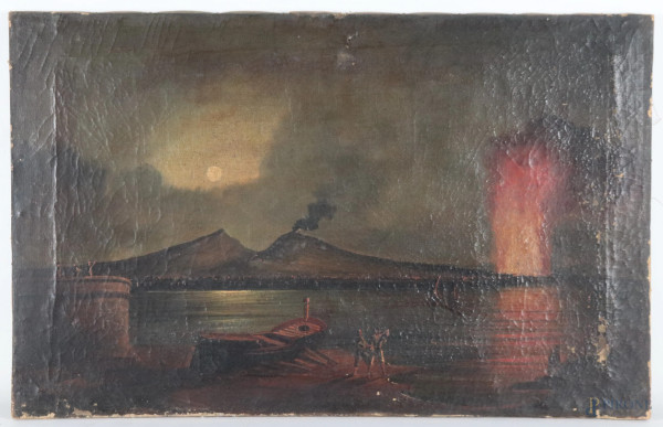 Veduta notturna dell'eruzione del Vesuvio con barche e pescatori, XIX secolo, olio su tela, cm 37x58, (segni di usura, abrasioni, craquelure)