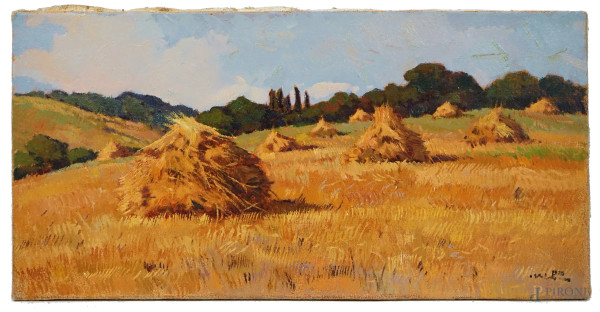 Angiolo Volpe - Covoni di grano, olio su tela, cm 40x80.