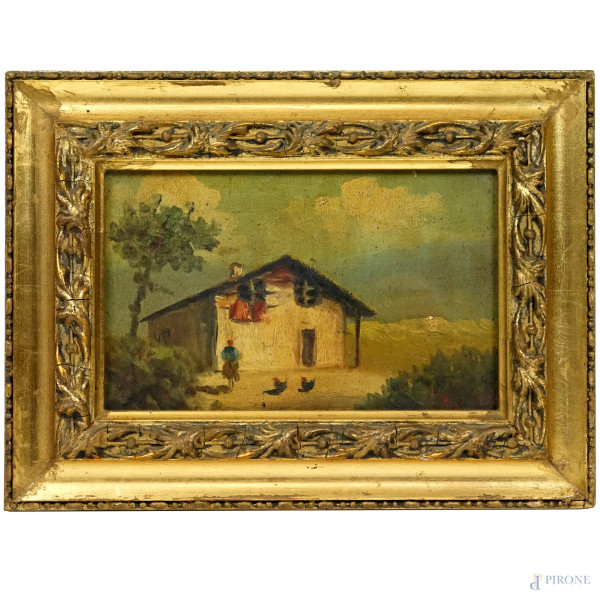 Contadina con galline, olio su cartone, cm 15x23, XX secolo, entro cornice.