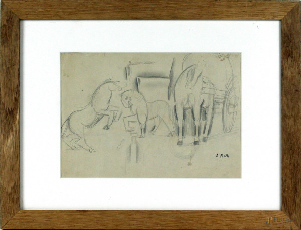Alfred  Reth - Cavalli, matita su carta, cm 19x26,5, entro cornice