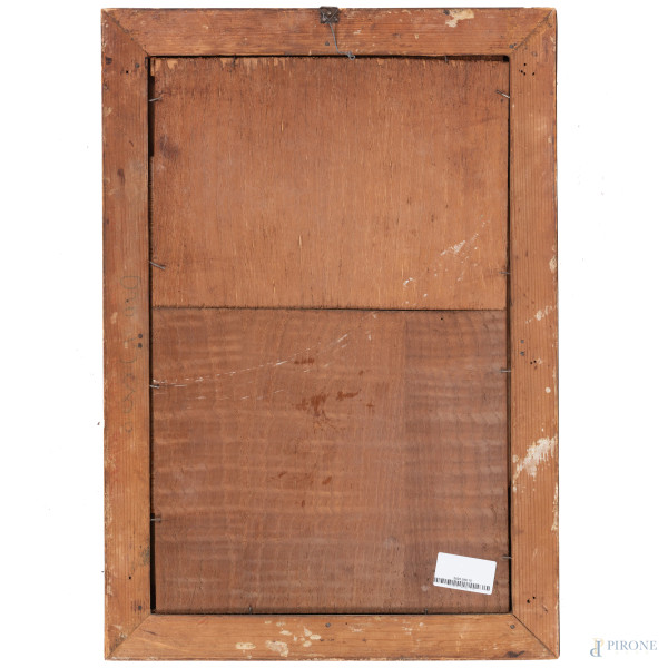 Interno di chiesa, XX secolo, olio su tavoletta, cm 53x34, firmato in basso a destra, entro corni...