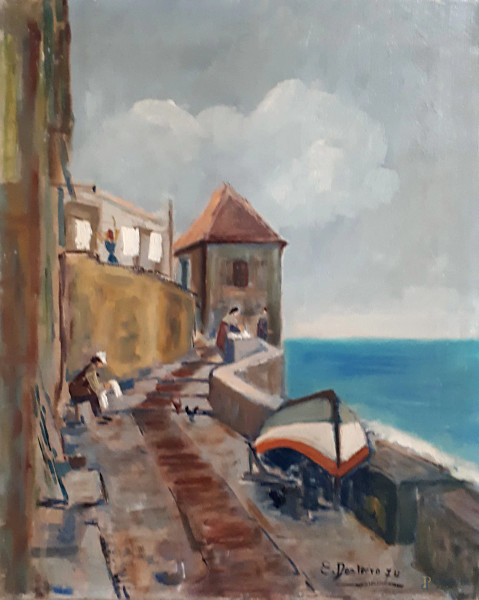 Eugenio  Destrero - Scala a Bagnara con vista sul mare, anni &#39;70, olio su tela, cm 50x40, firmato