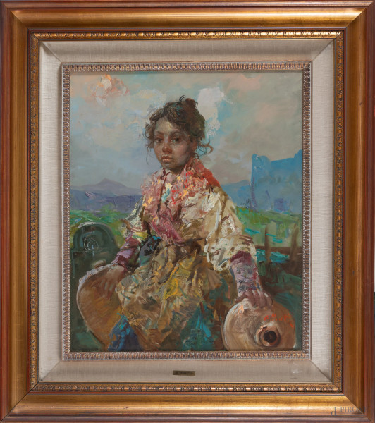 Giacomo Moretti, Ritratto di giovane acquaiola, olio su tela, cm 74x54, firmato in basso a  destra, entro cornice