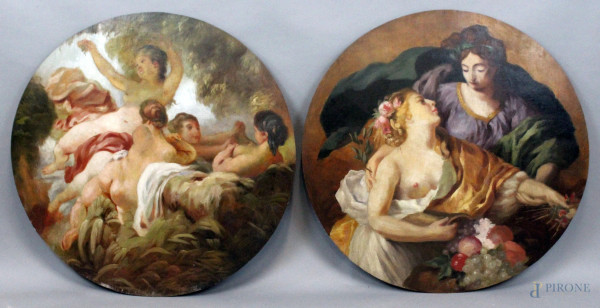 Scuola francese del XIX secolo, coppia di dipinti raffiguranti scene bucoliche, olio su tavola ad assetto tondo, diametro cm 65