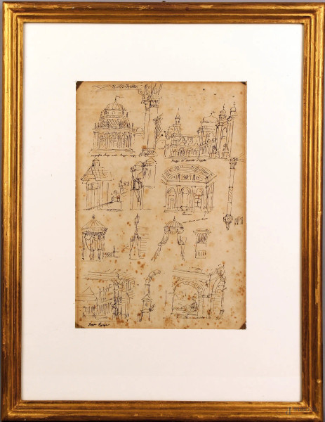 Bozzetti raffiguranti luoghi della Reggia Egizia, china su carta double face, cm. 31x21, entro cornice.