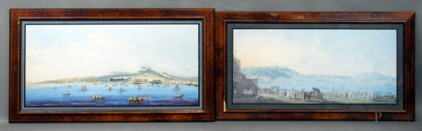 Lotto di due stampe a colori raffiguranti il golfo di Napoli, misure max cm. 40x83,5, XX secolo, entro cornici.