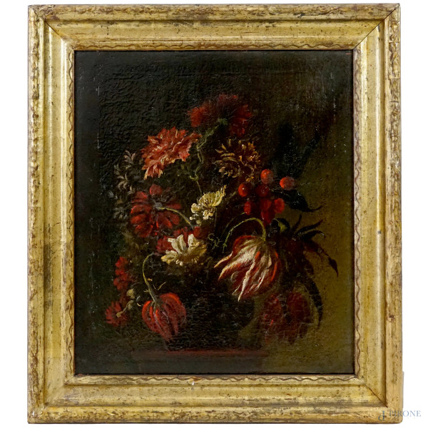 Pittore del XVII secolo, natura morta, olio su tela, cm 50,5x43,5, entro cornice