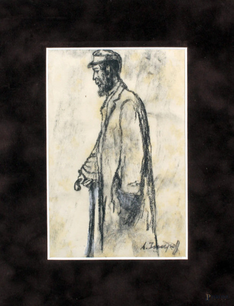 Alessio Issupoff - Mendicante, carboncino su carta, cm. 20x13,5.