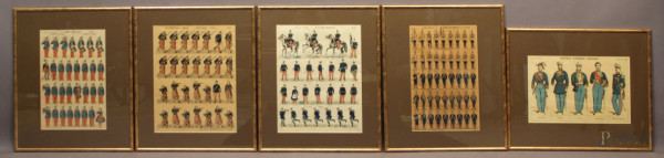 Lotto composto da cinque antiche stampe a soggetti militari, cm 40 x 26, entro cornici.
