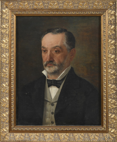Ritratto Virile, XX secolo, olio su tela, cm 46x36, entro cornice, (piccola caduta di colore). 