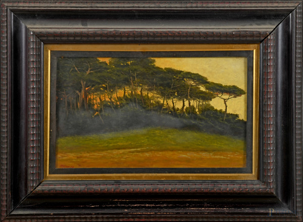 Raccoglimento crepuscolare, XX secolo, olio su compensato, cm 26x42,5, firmato in basso a sinistra, entro cornice, (segni di usura, supporto imbarcato)
