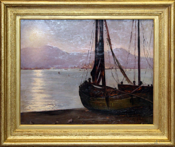 Scorcio di costa con imbarcazioni, olio su tela, cm 47x58, entro cornice firmato G. Villani.